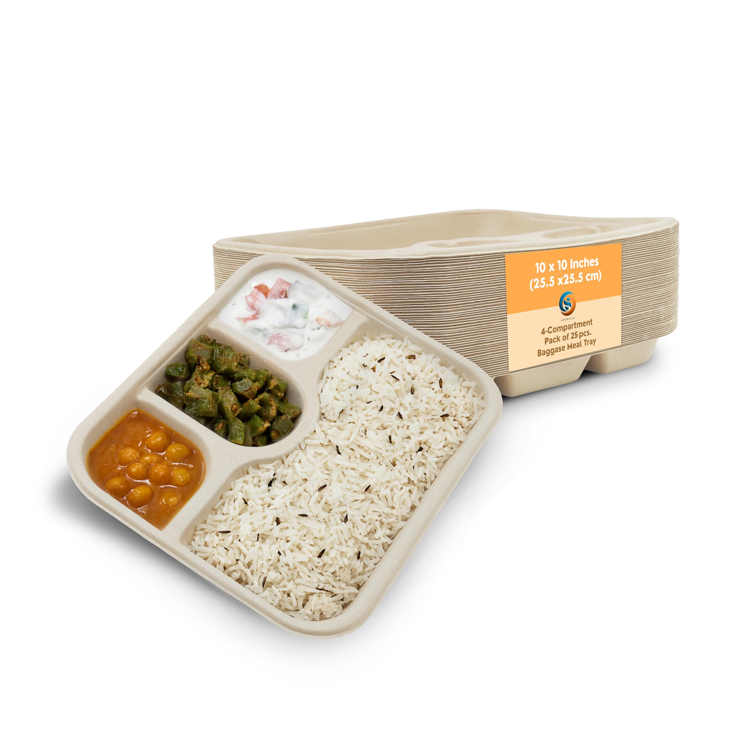 SANWALSA [4-Compartment, 25 Count, Beige Disposable Bagasse Plates | Eco-Friendly Sugarcane Meal Tray for Wedding, Party, Picnic, Event | Mess-Free Sections