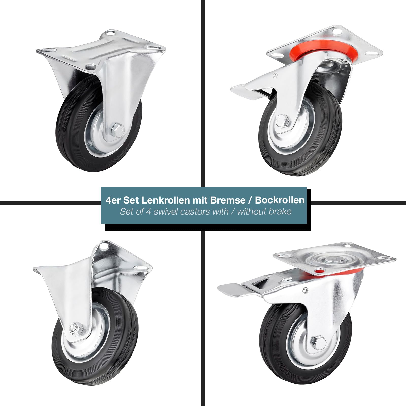 SOTOOLS 4er SET Schwerlastrollen FORTIX Ø 200 mm (2x Bock, 2x Lenkrollen mit Bremse) – Tragkraft 440 kg Gummirollen Ø 200 mm mit Panhead-Schrauben – solide & langlebig