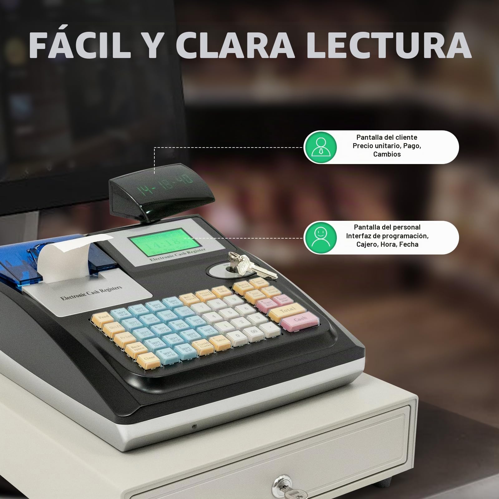 Caja registradora electrónica con cajón con cerradura, 48 llaves, sistema POS Casher, pantalla digital LED para venta al por menor, restaurante, idioma (inglés)