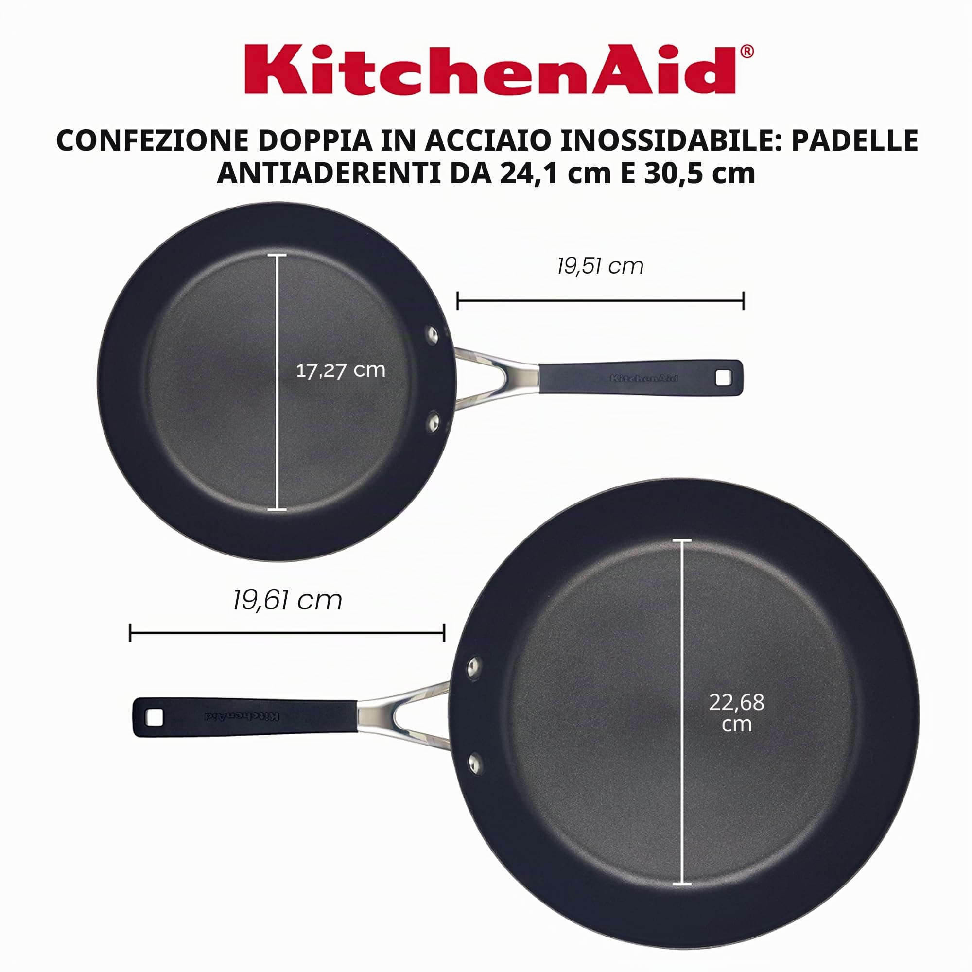 KitchenAid Set di padelle/padelle antiaderenti in acciaio inox, 24,9 cm e 30,5 cm, acciaio inossidabile spazzolato