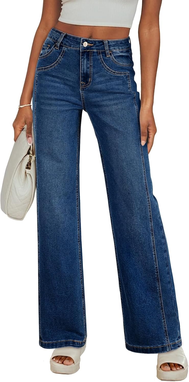 Sidefeel Women's Wide Leg Jeans High Waisted Stretchy Jeans Straight Leg Trendy Patchwork Loose Fit Denim Pants