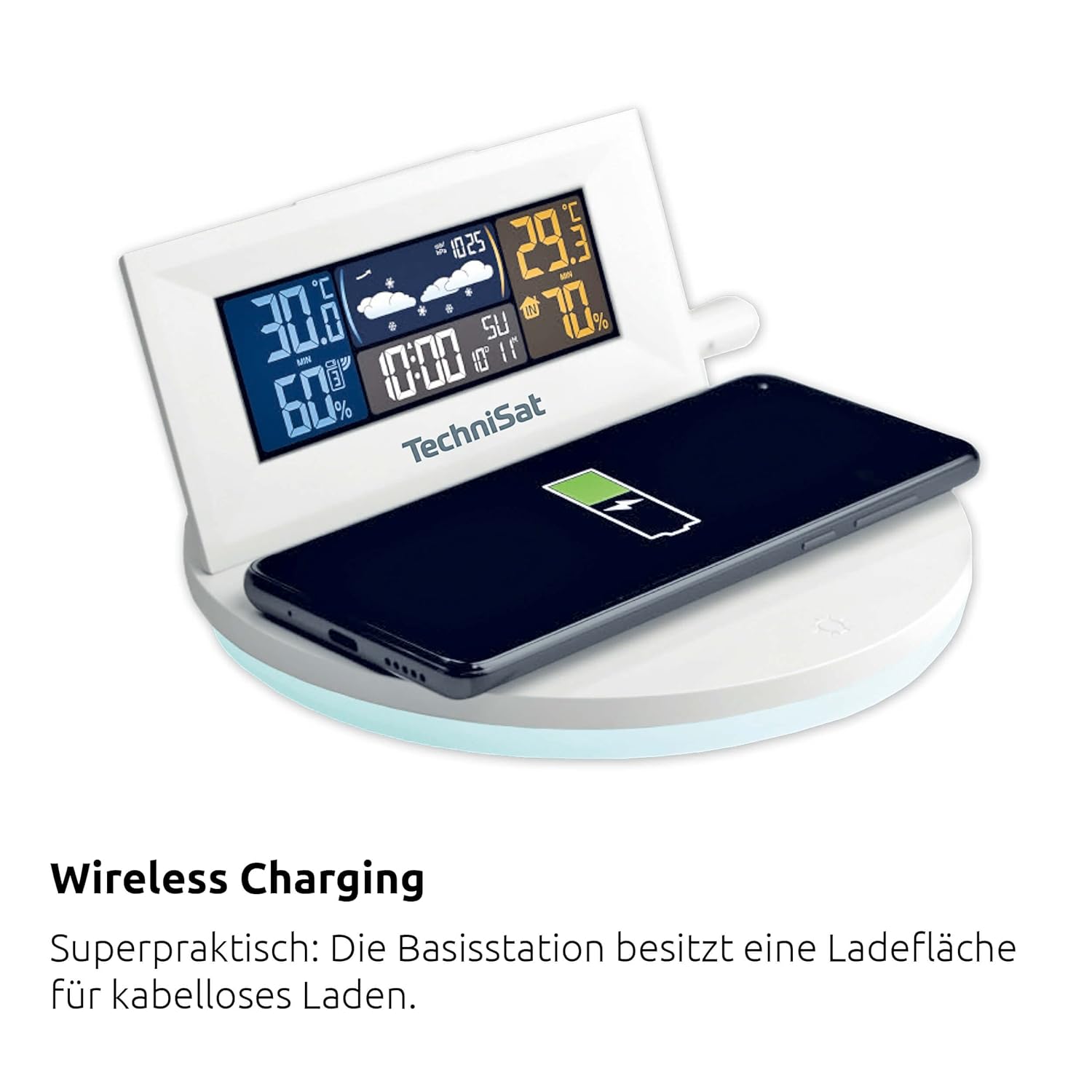 TechniSat IMETEO Q1 base station with a smartphone wirelessly charging on its surface