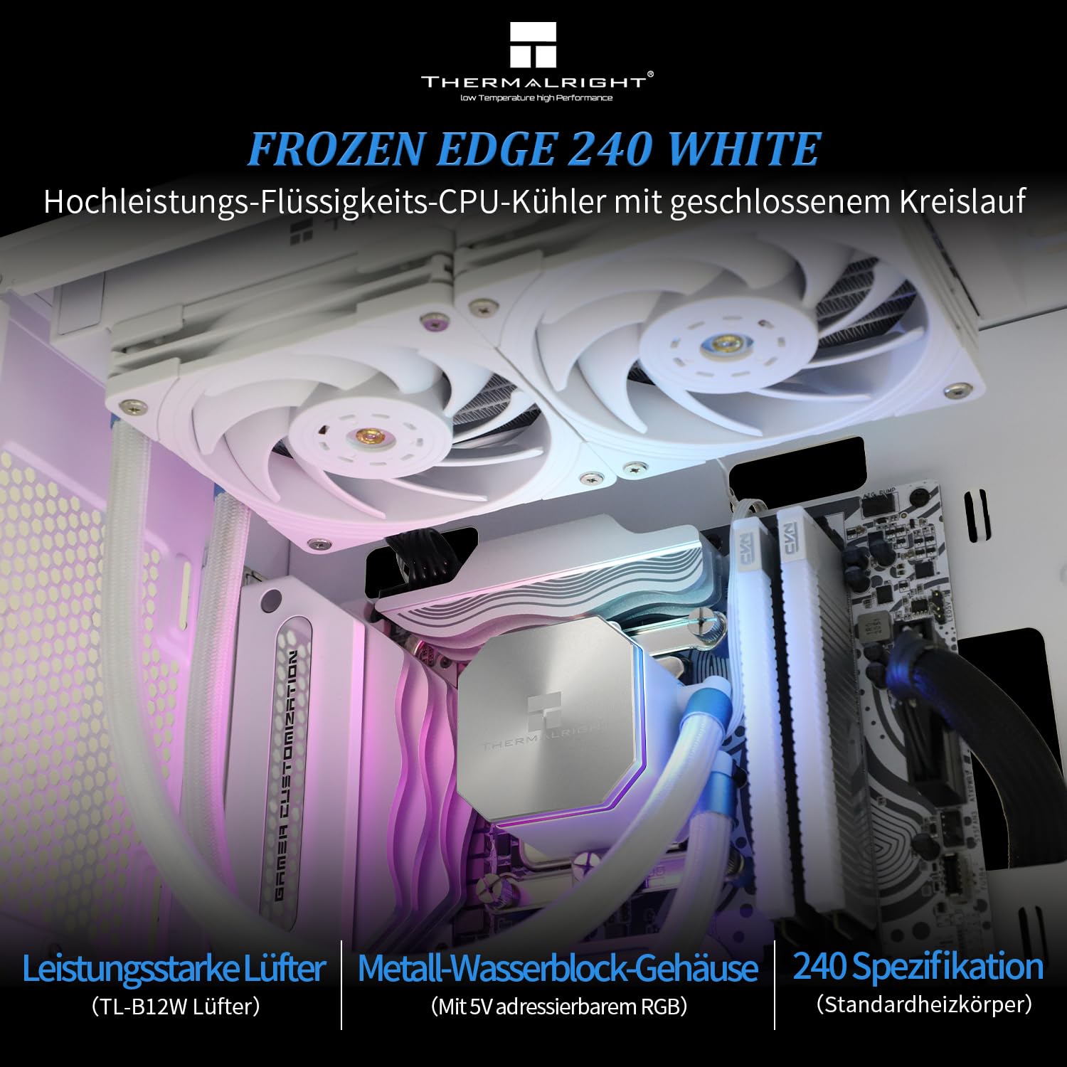 TR Frozen Edge 240 Biały CPU Chłodnica wody w płynie z wentylatorem PWM 120 mm, 240 Biały Specyfikacja Cold Row, wbudowany radiator do AMD/AM4/AM5, Intel LGA1700/1150/1151/1200/2011