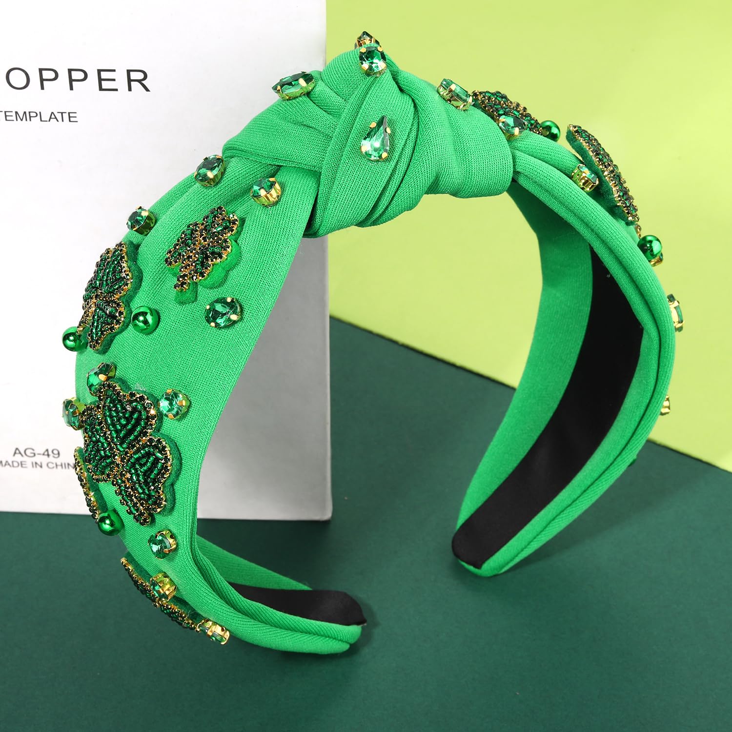 mokkia St.Patrick’s Day Headband Accessories Outfits for Women Green IRISH Lucky Shamrock Headband Rhinestone Crystal Knotted Hairband Irish Holiday Headwear Party Favors Gifts (Shamrock 2) - Image 5