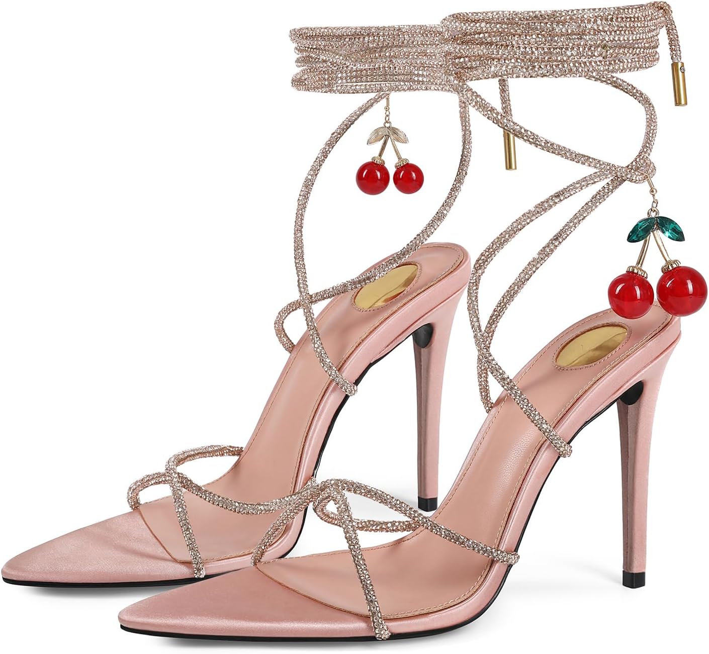 Women’s Strappy Lace Up Stiletto Heels Pointed Toe Satin High Heel Sandals Rhinestone Wrap Around Ankle Tie with Cherry Charm Party Wedding Shoes