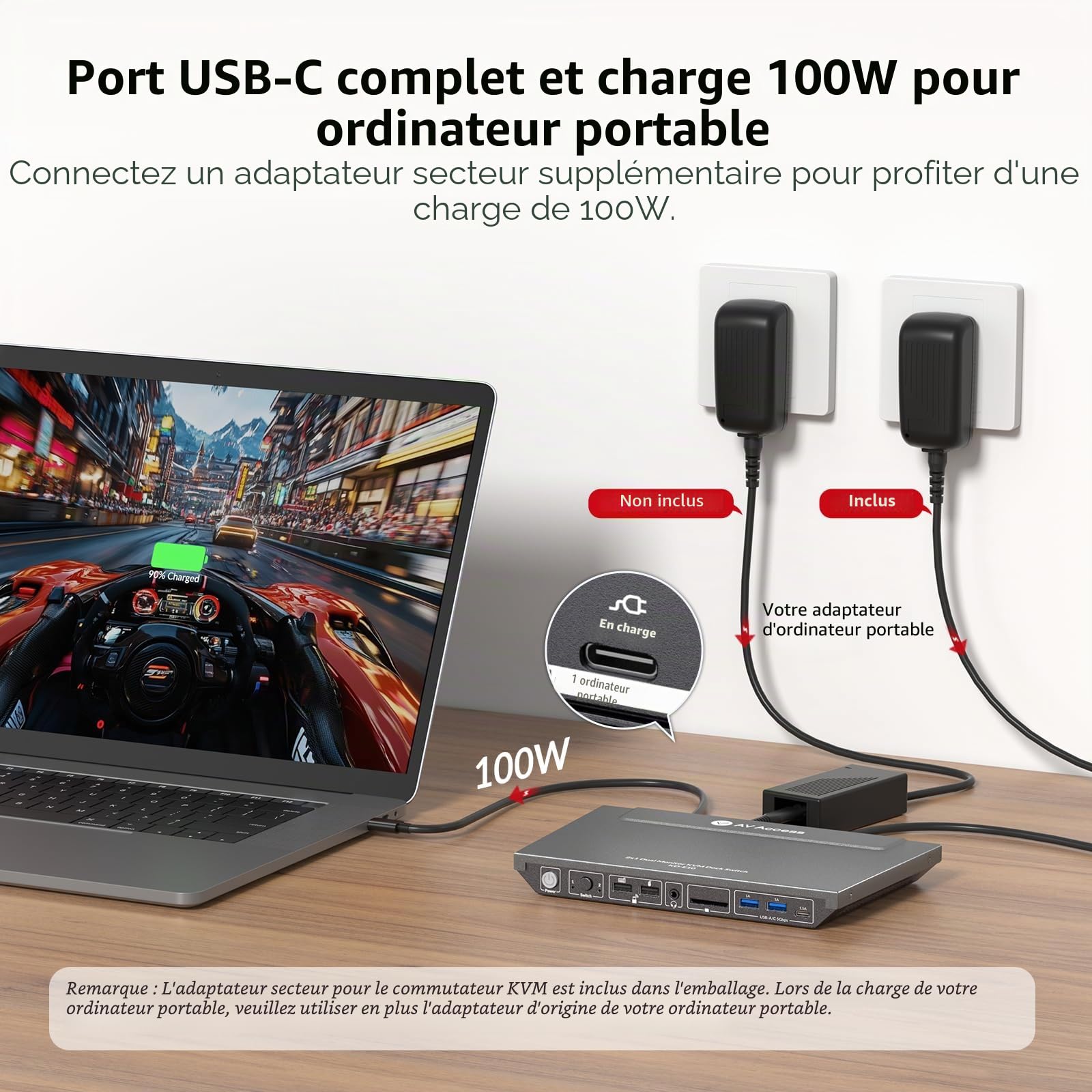 AV ACCESS Station d'accueil, commutateur KVM pour ordinateur portable et de bureau | Chargement 100W, HDMI double écran 4K@60Hz, 3xUSB 3.0, USB C, 1G Ethernet, support EDID, SD, 3.5mm AUX Audio