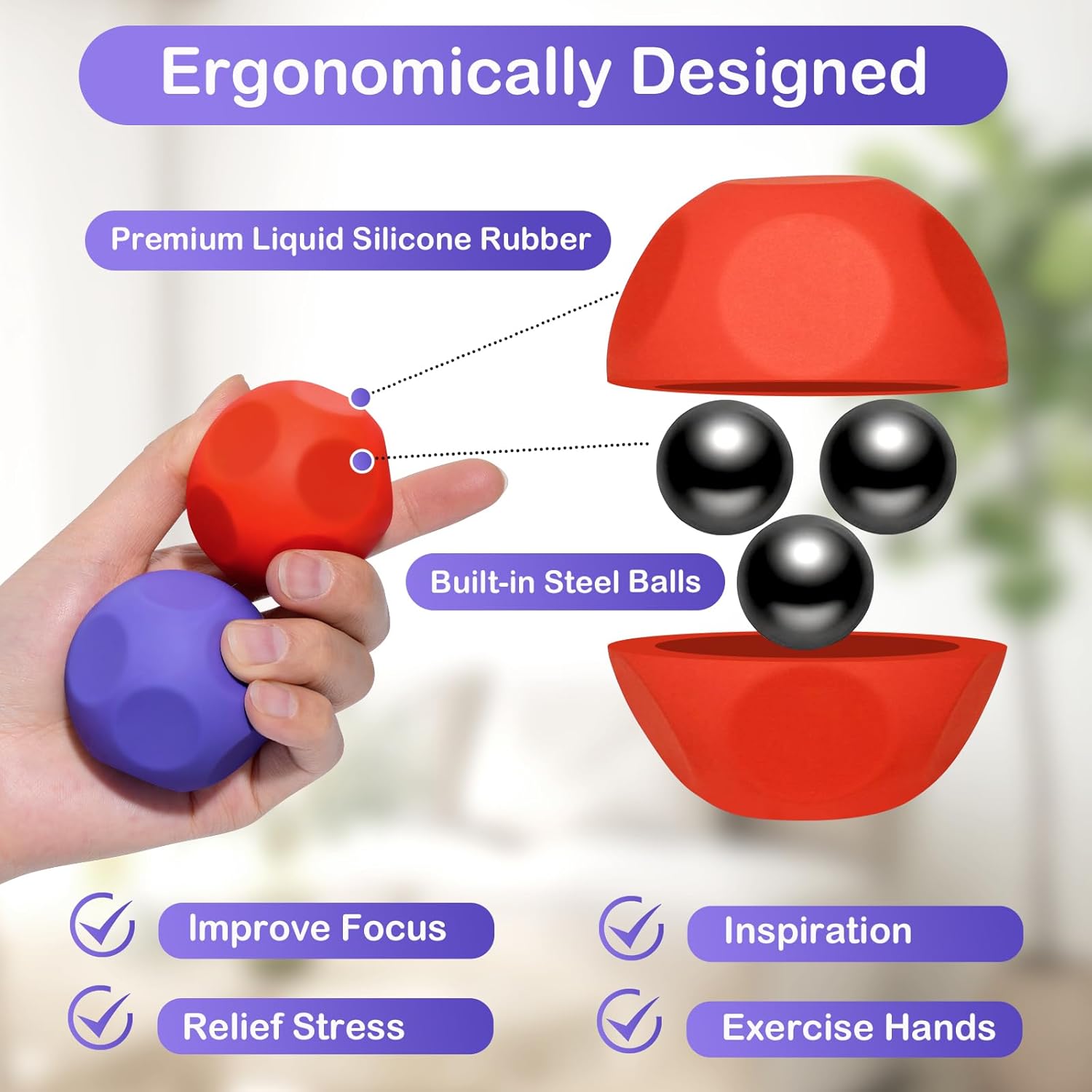 Sensory Stress Balls for Adults - Silicone Polyhedron Squeeze Toy Balls with Beads for Anxiety Autism & ADHD Relief, Hand Exercise Balls, Desk Fidget Toy for Office Classroom Valentine's Day Gift Idea