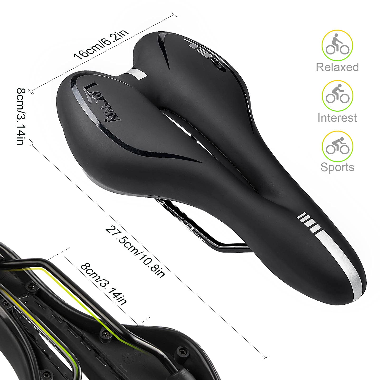 LERWAY Fahrradsattel für MTB, schwarz, Fahrradsitz, Rennrad, BMX, atmungsaktiv, aus PU-Leder, wasserdicht, Fahrradsattel, bequem, hohl, reflektierend, Fahrrad