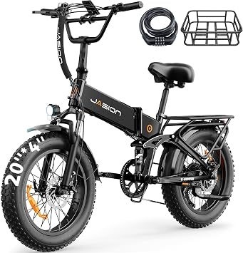 Jasion X-Hunter Electric Bike for Adults,1400W Peak Motor 30MPH Max Speed 48V 13AH Removable Battery,Full Suspension System,20*4.0 Fat Tire Foldable Ebike 7-Speed Electric Bicycle