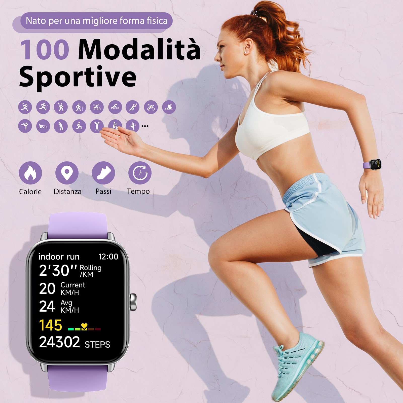 Smartwatch Uomo Donna Rispondi/Effettua Chiamate, 1.8" Orologio Alexa Integrata, SpO2/Frequenza Cardiaca/Sonno/Stress, 100+ Sports, Contacalorie/Passi, IP68 Smart Watch per Android/iOS (Viola, 1.8)