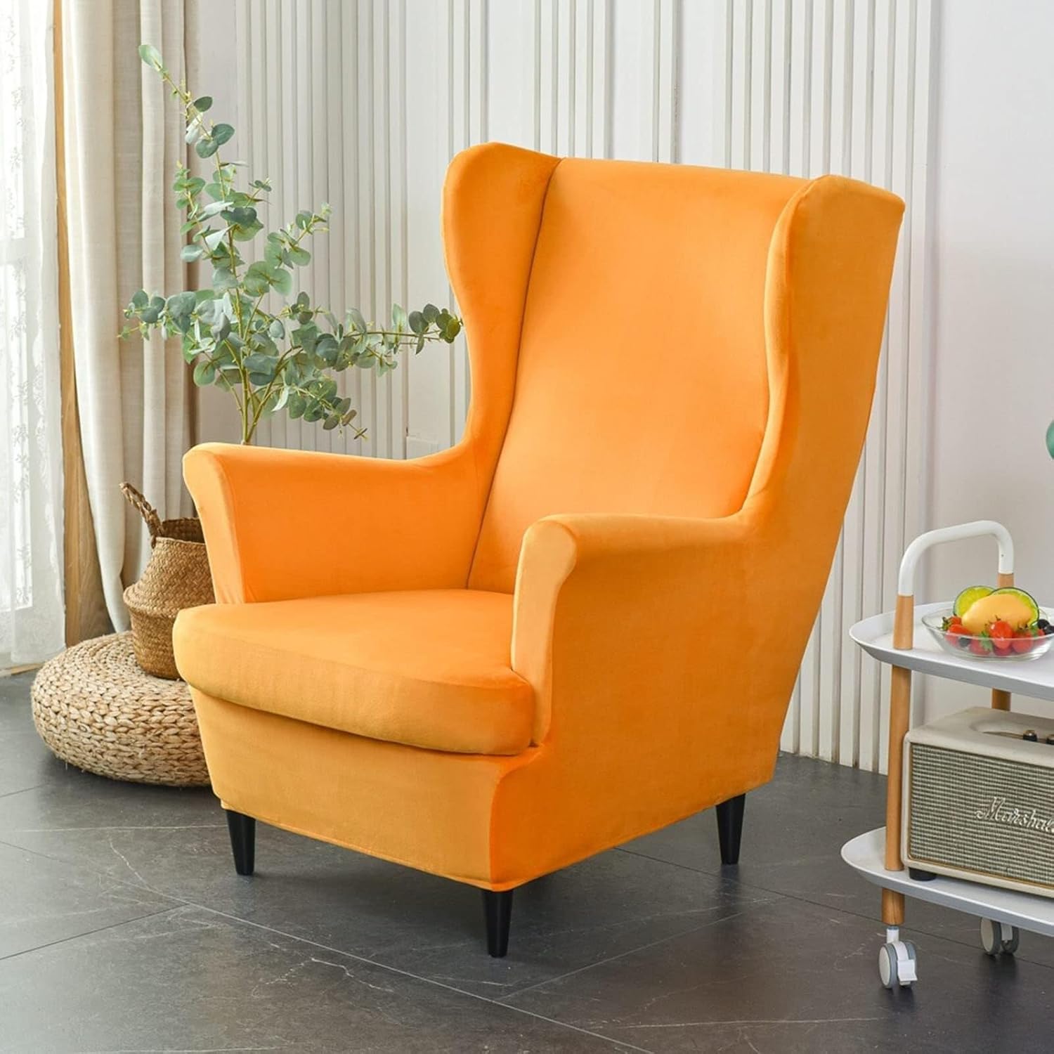 2-Piece Plush Velvet Wingback Chair Slipcovers - Stretch Soft Armchair Covers with Cushion, Solid Color Non-Slip Furniture Protector for Home & Hotel(Bright Orange New)