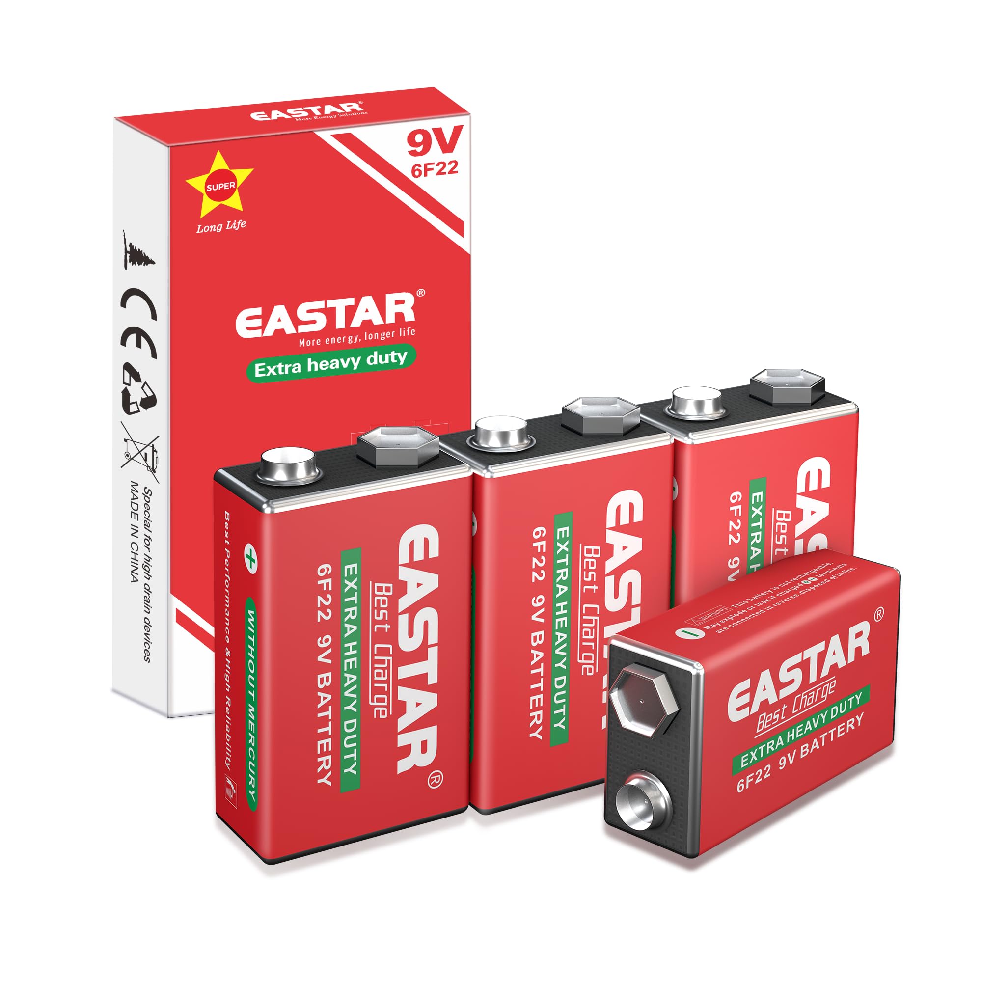 Carbon Zinc 9V Batteries (4 Pack) 6F22 Battery for Smoke Detectors