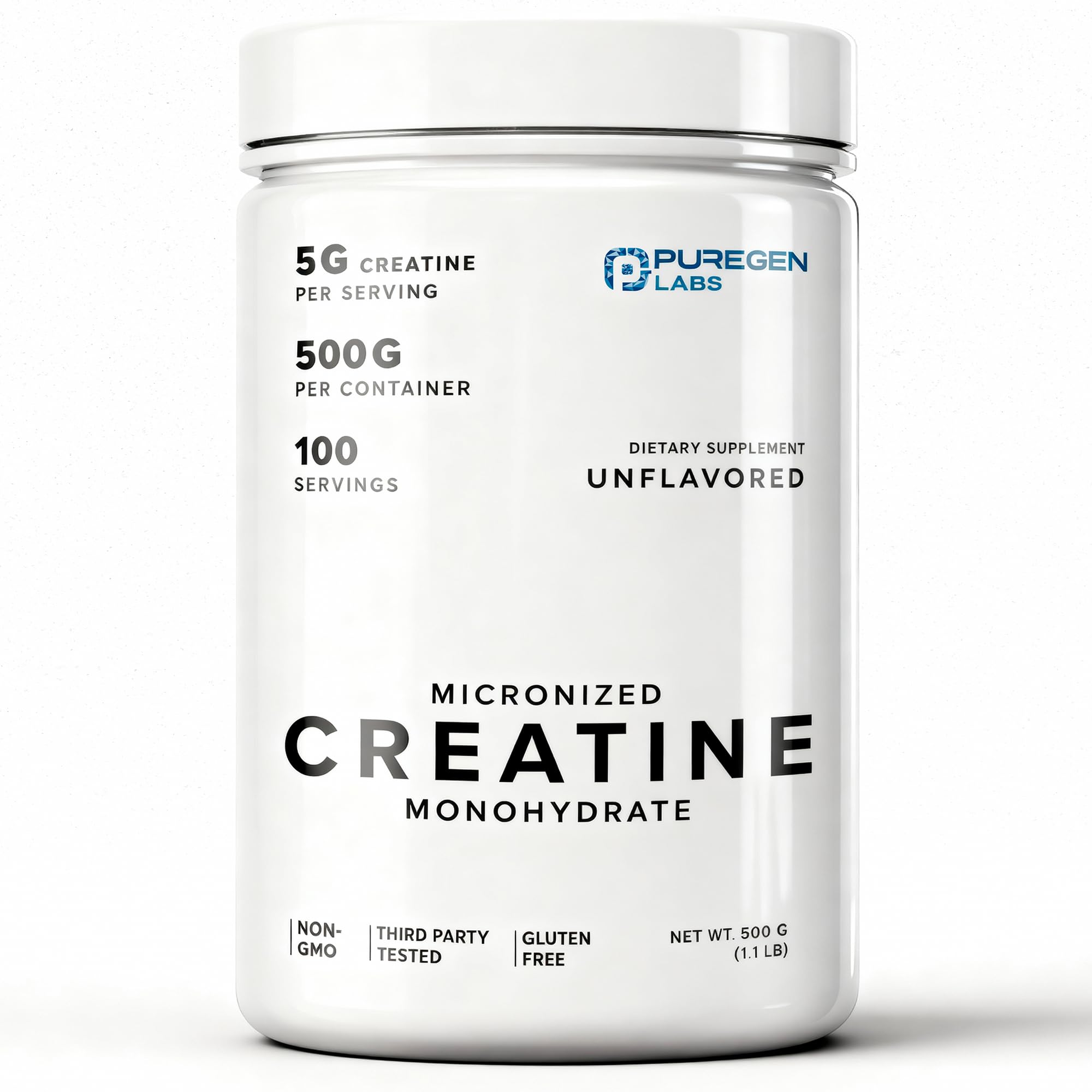 Puregen Labs Micronized Creatine Monohydrate Powder 500g, 100 Servings