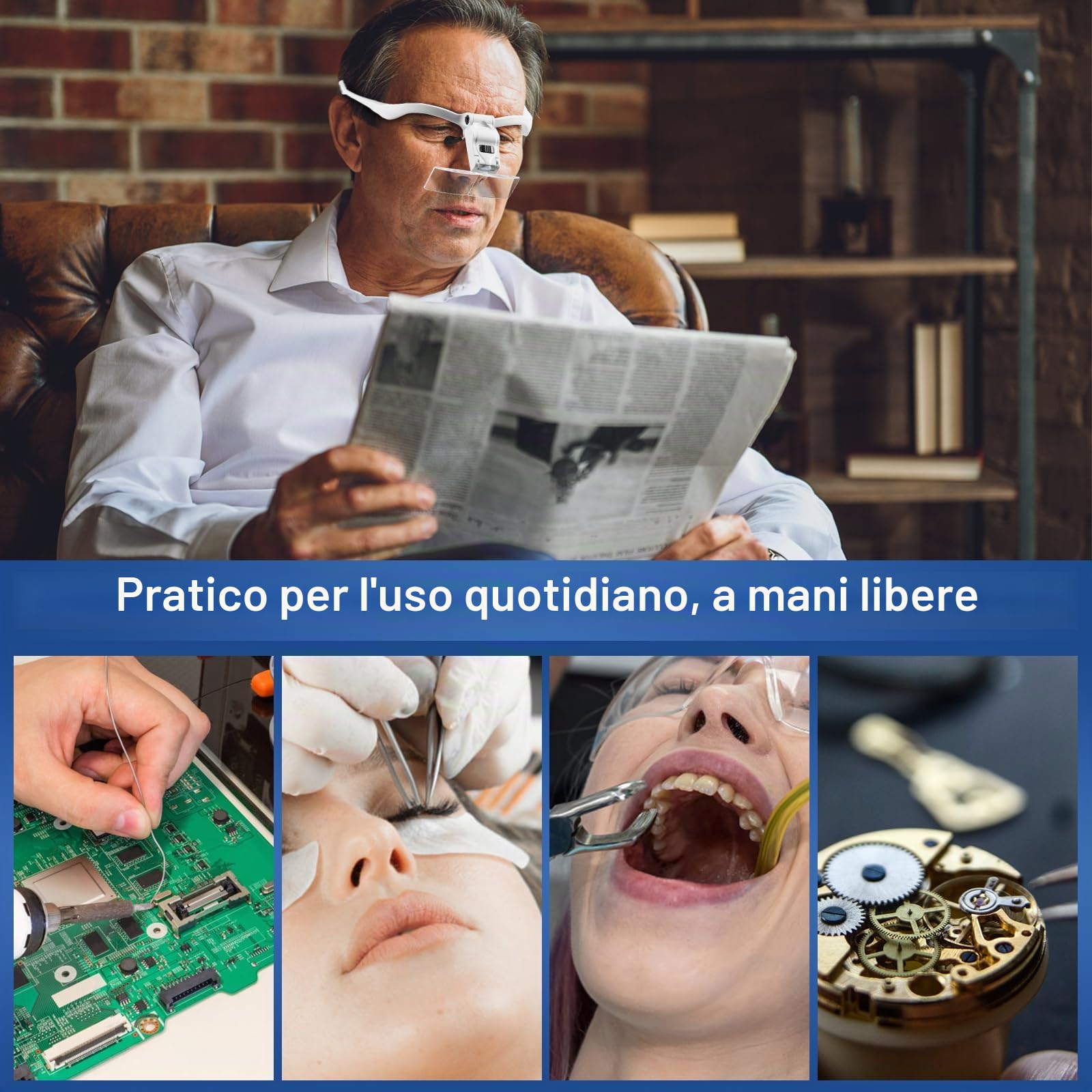 Vinabo Lente D'ingrandimento per Fascia con Luce LED,D'ingrandimento con - 5 Lenti Rimovibili (1.0X 1.5X 2.0X 2.5X 3.5X),per Tutti i Lavori di Precisione,Lettura, Gioielliere,Ricamo,Cucito,Gioielli