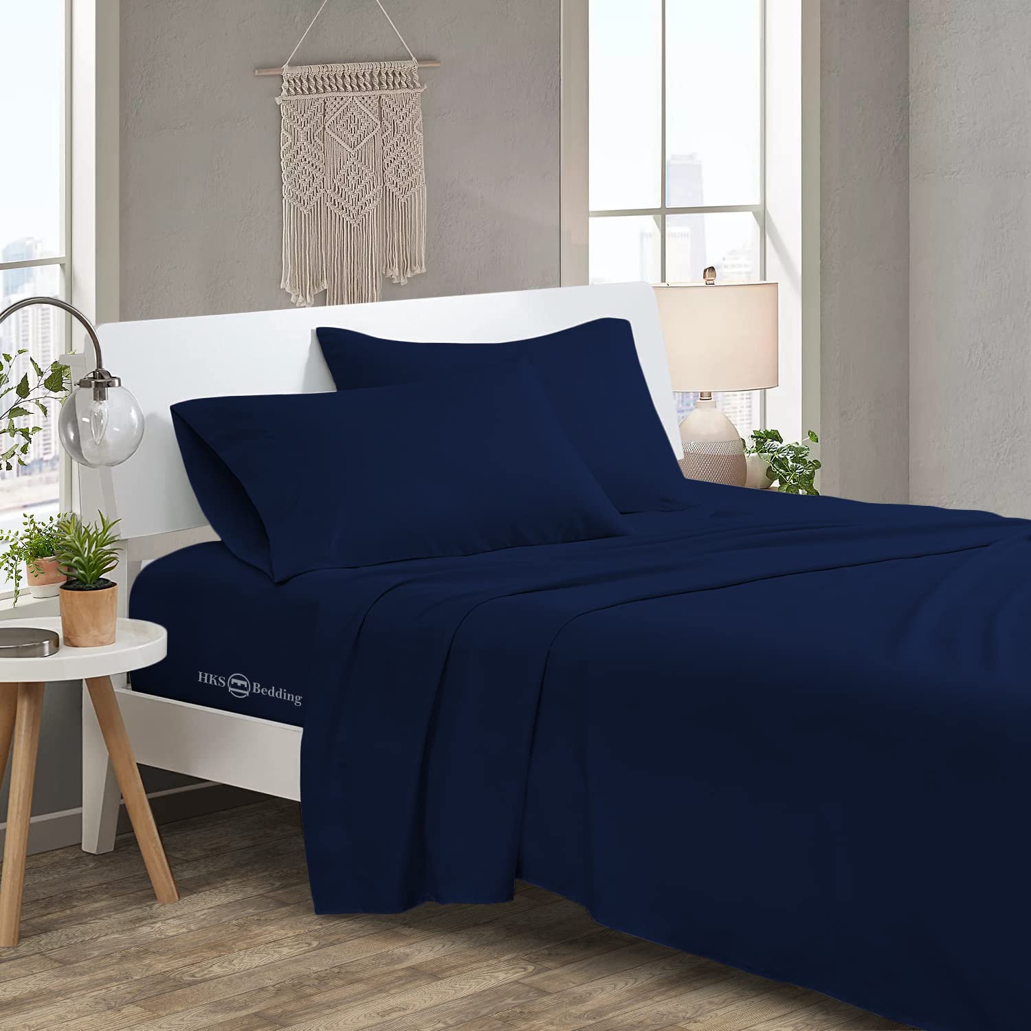 HKS BEDDING 1000 Thread Count Luxury Soft and Comfy Egyptian Cotton 1 Flat Bedsheet and 2 Pillowcase King Size Navy Blue Solid | 3 PC Flat Bedsheet
