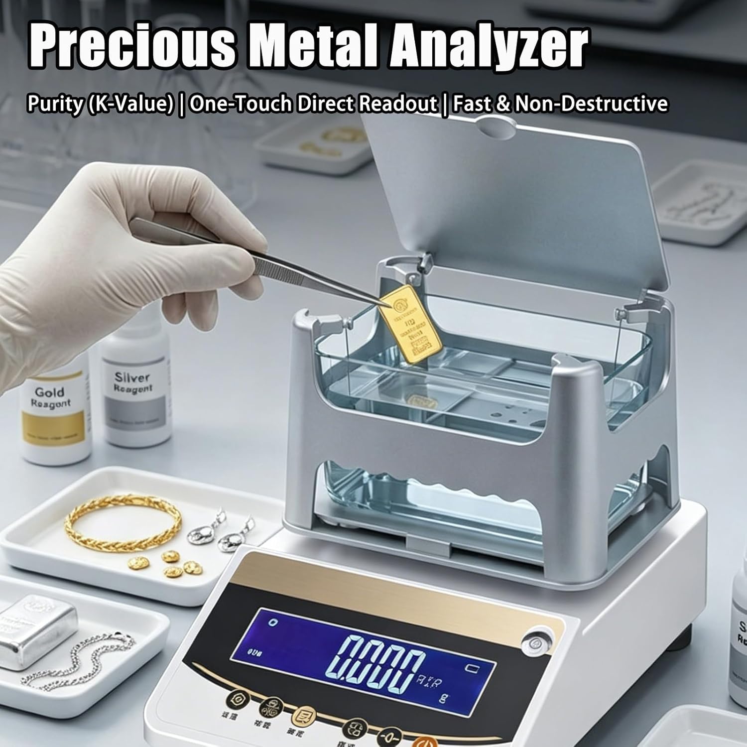 Precious Metal Testing Kit 620g, Gold Purity Detector with LCD Display, 5 Modes, Printable Data, Dual Power(AC/Battery), Long Battery Life for Jewelry, Analysis Laboratory