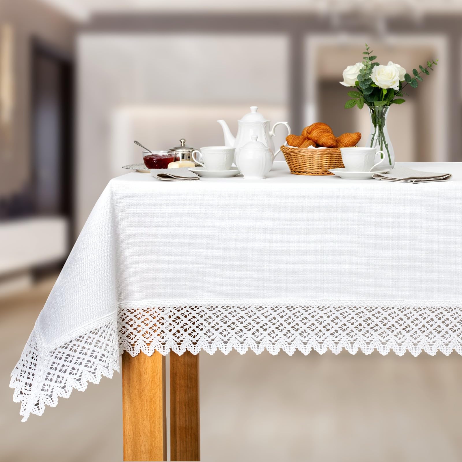 Tischdecke mit Spitze 100x100 cm Mitteldecke Weiß in Leinenoptik mit 7cm Baumwollspitze - Baumwolle Polyester 230g/m² Schwere Qualität, Fleckschutz mit Lotuseffekt