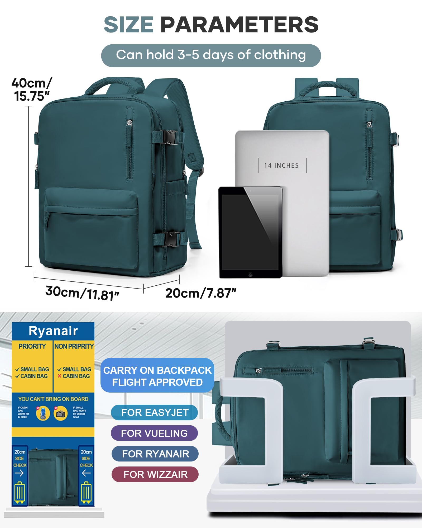 Borse da Cabina per Ryanair 40x20x25 Bagaglio a Mano Zaino Borsa Zaino da Viaggio, Zaino da trekking,da uomo, zaino casual per laptop da 14 pollici per scuola con porta di USB
