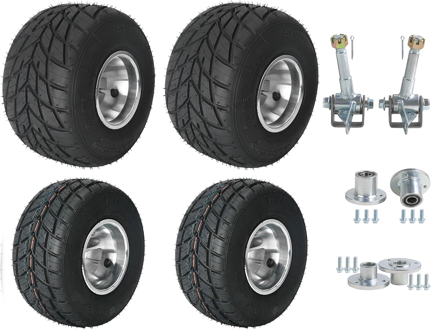 Front 10x4.50-5 & Rear 11x7.10-5 Go Kart Racing Tires with 3-Stud Aluminum Wheel Rims, Hubs & Steering Spindles – Tubeless Rain Tires for Drift Trike, ATV, Quad, Mini Bike, Racing Kart, Fun Cars Racer