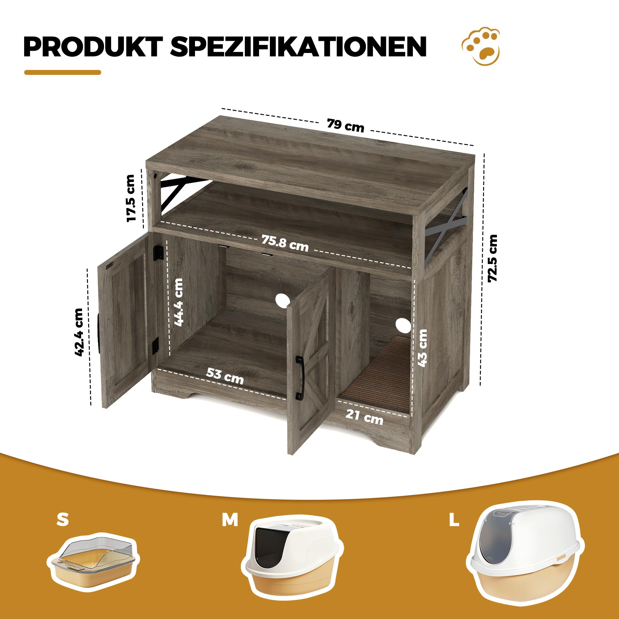 BonVache Katzenklo Schrank, Katzenhaus Holz, Katzenschrank mit Tür, Versteckte Katzentoilette mit Kratzmatte für Katzen, Beistelltisch, 79 x 43 x 72.5 cm, Grau