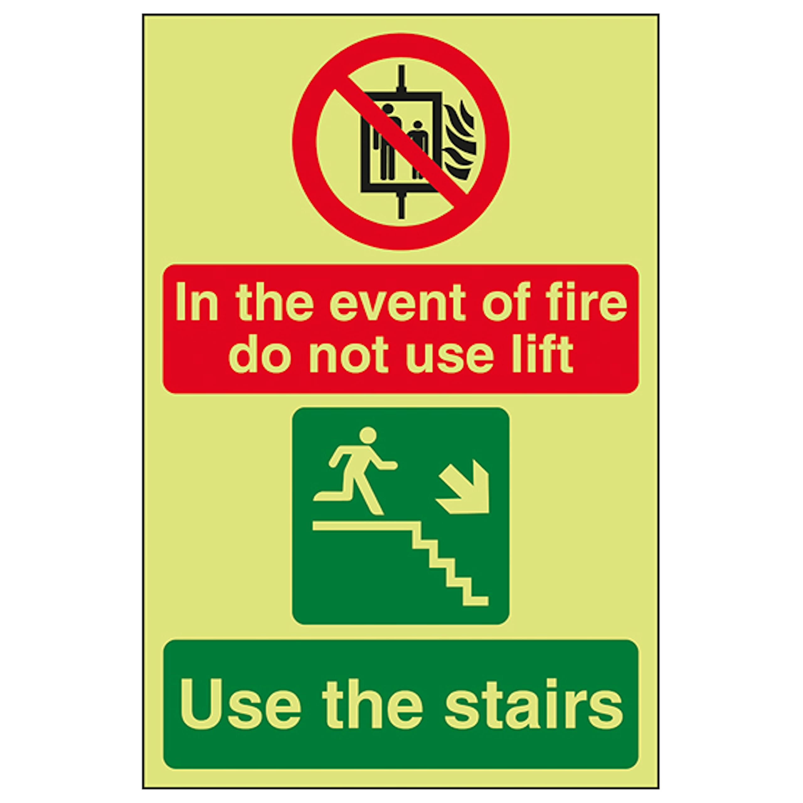 V Safety GITD In The Event Of Fire Do Not Use Lift/Use The Stairs Right 150 x 200 mm - Glow In The Dark Self Adhesive Vinyl Safety Sign