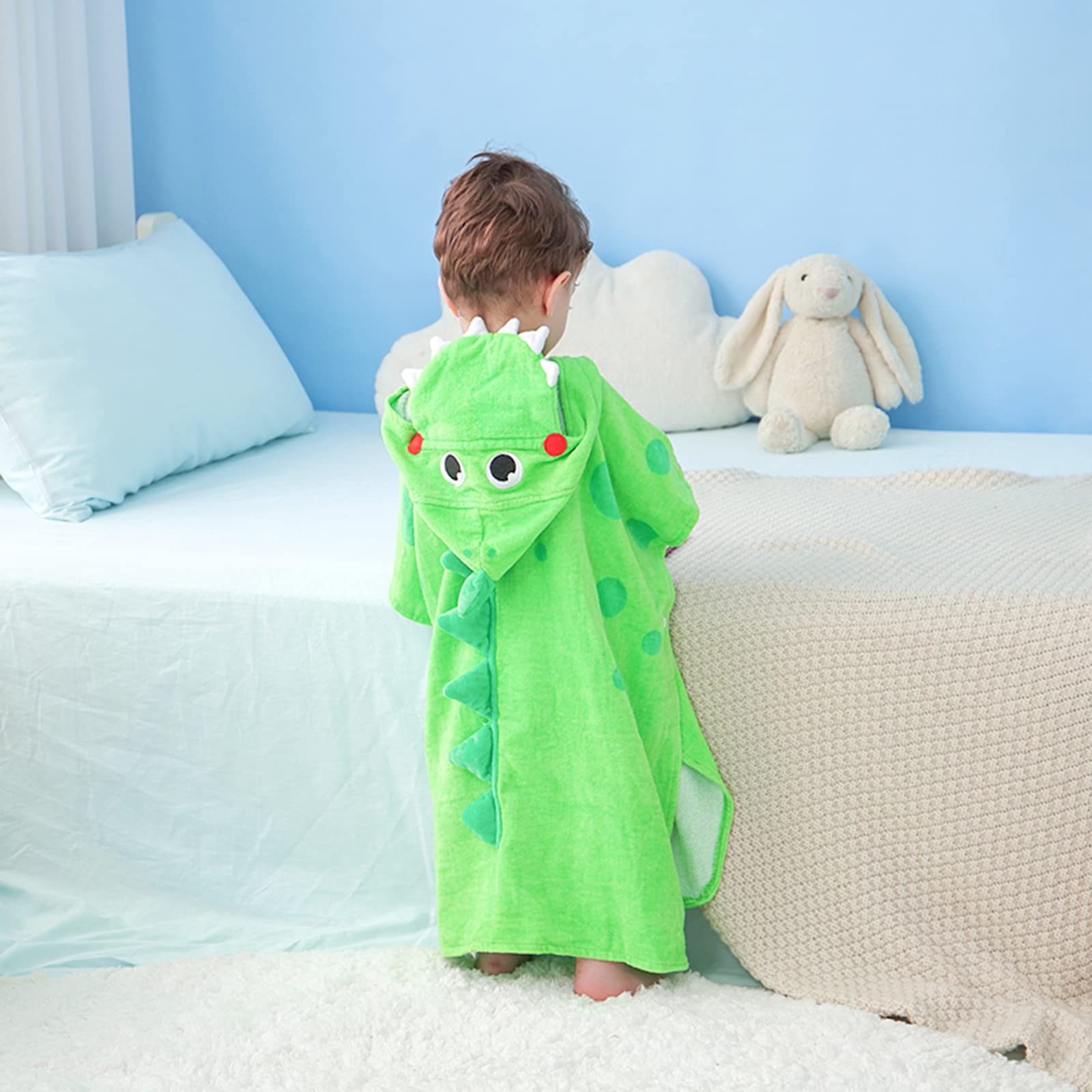 LOLANTA Asciugamano da bagno con cappuccio a poncho con dinosauro per bambini, 100% cotone (2-4 anni, verde C)