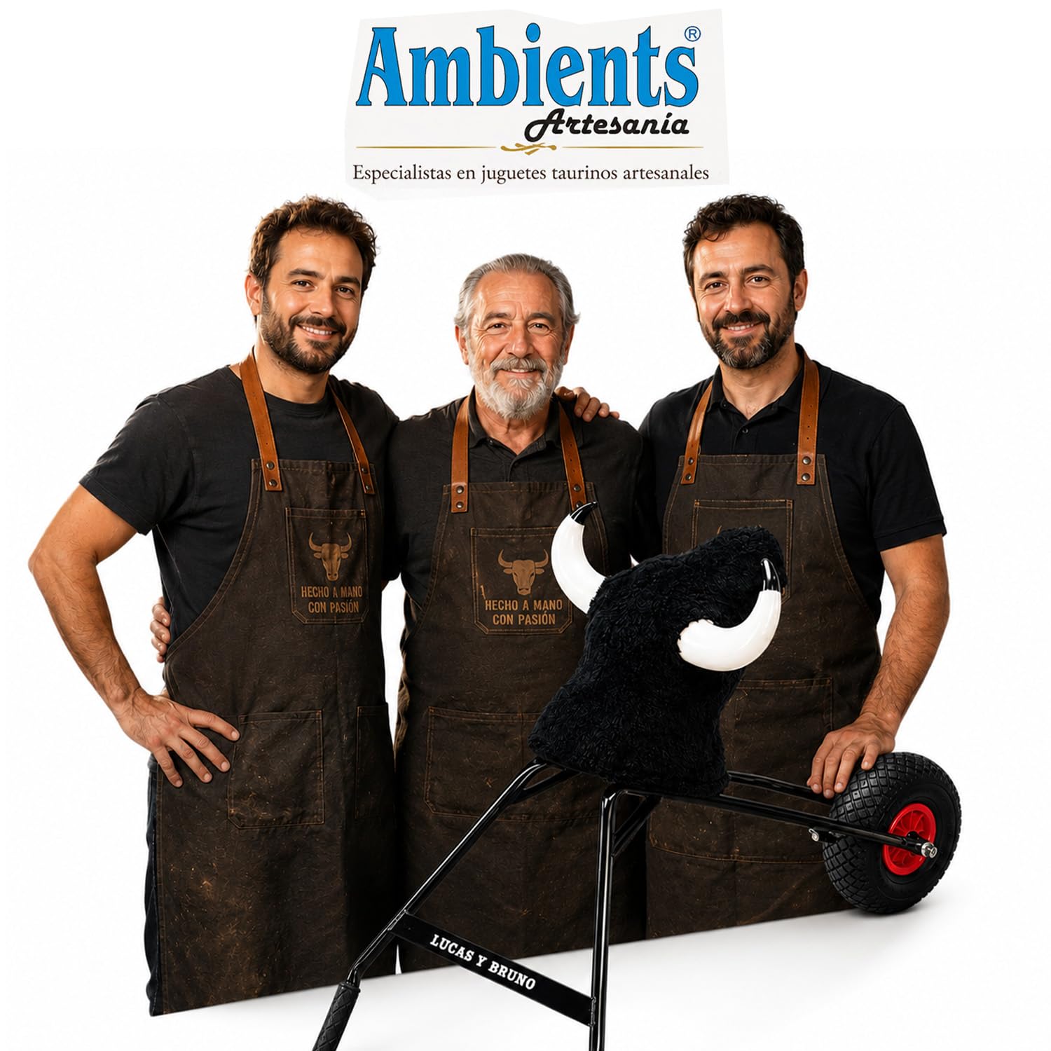Carretón de hierro mediano 75 cm, toro con ruedas personalizable con nombre, cabeza de fibra y cuernos de plástico, juguete taurino infantil regulable en altura para encierros y bous al carrer