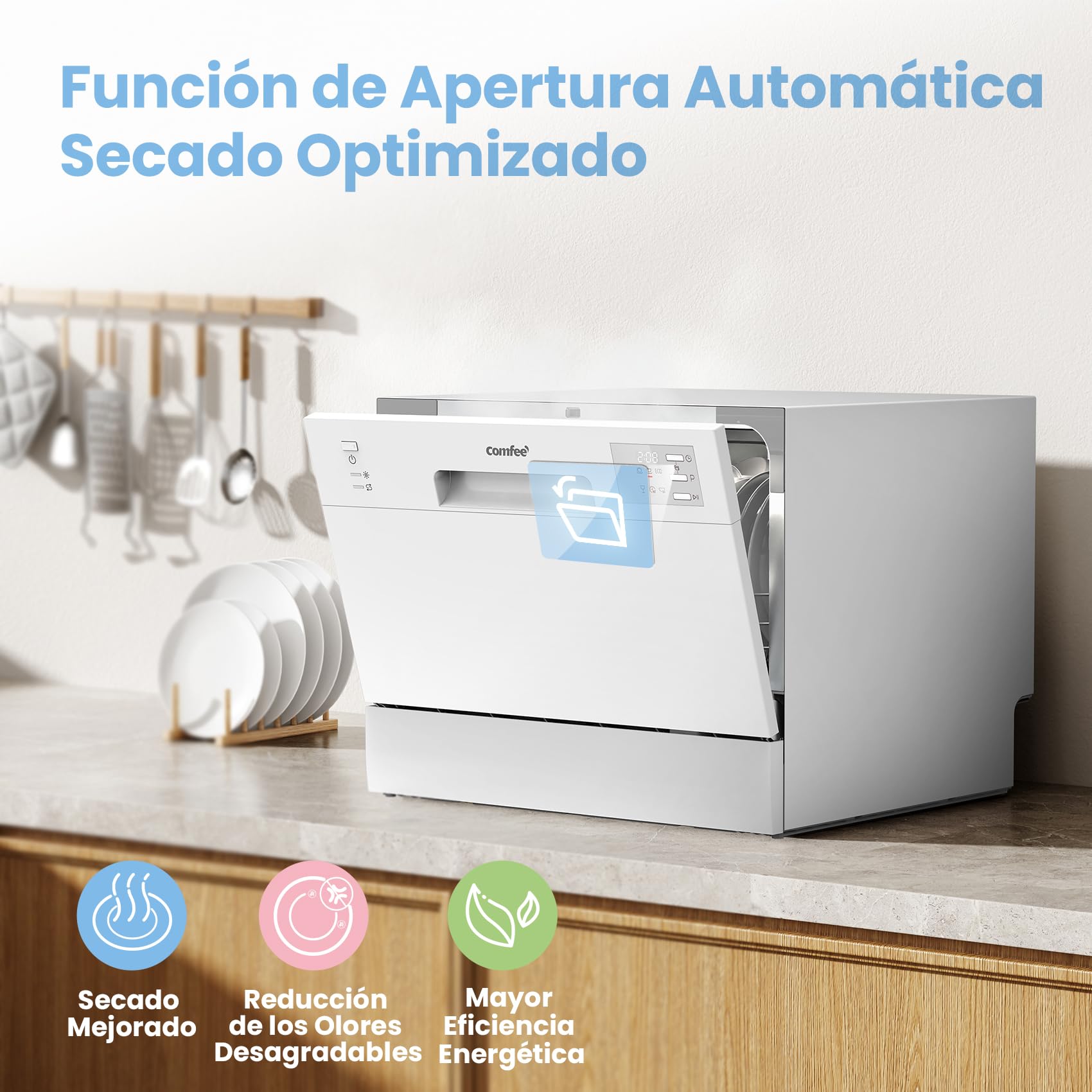 COMFEE' CDWMT0602EWD-EU Lavavajillas Compacto, 6 Cubiertos,6 Programas | Ciclo Intensivo 70°C, Inicio Diferido 24H, Apertura Automática, 47dB Silencioso, Clase D, Pantalla LED, Blanco