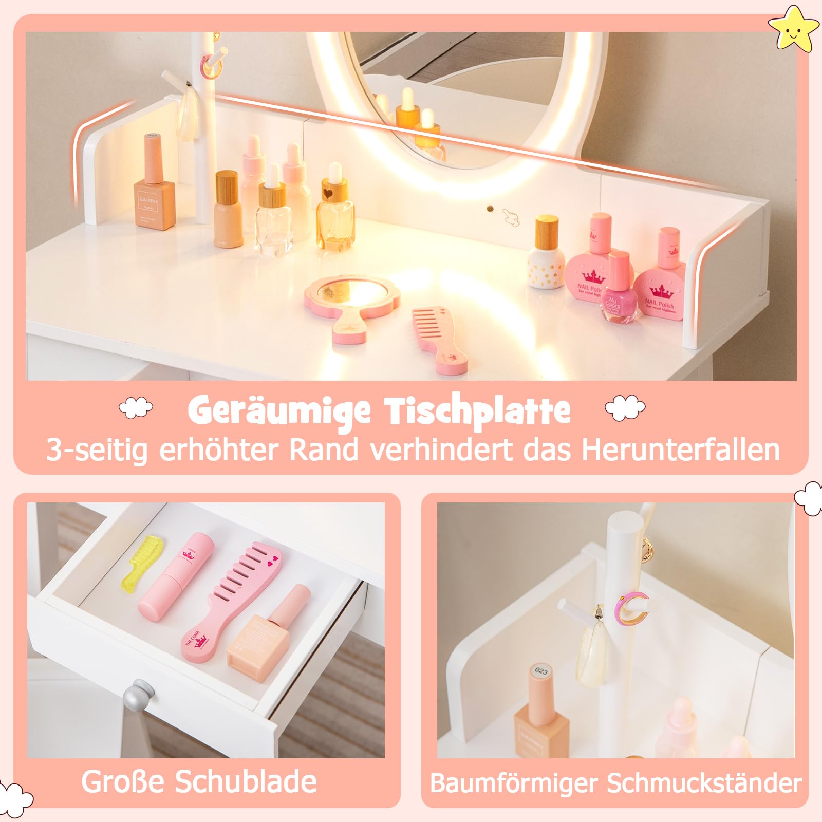 DREAMADE Schminktisch Kinder mit LED-Spiegel & Kiefernholzbeine, Prinzessin Frisiertisch mit Schublade & Schmuckständer, Kinderschminktisch mit Hocker für Kinder Mädchen (Weiß)