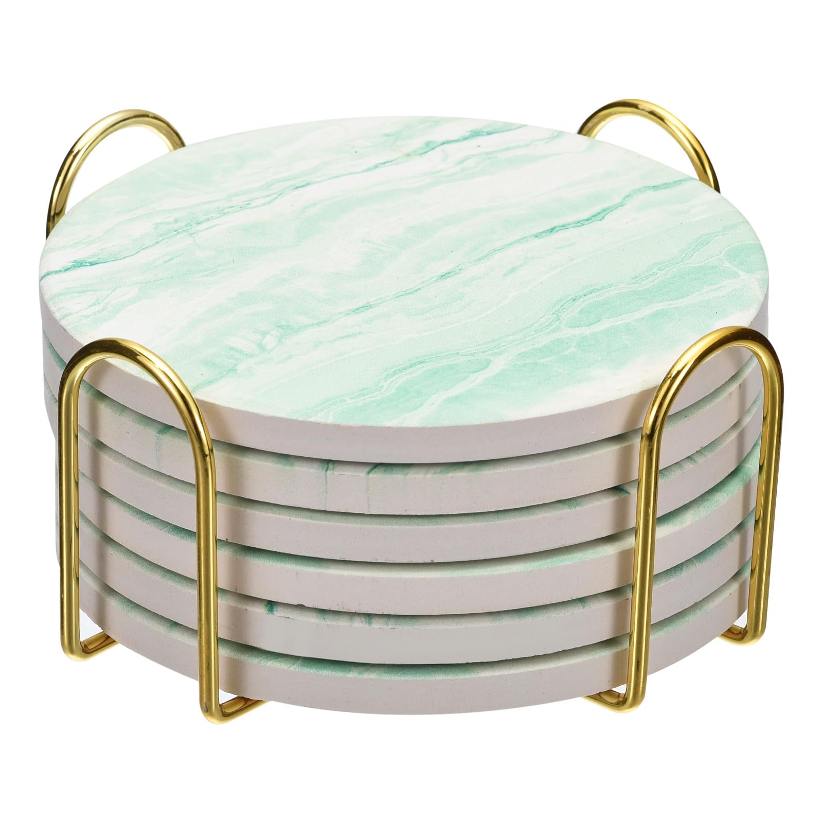 uxcell Drink Coasters with Holder, 6pcs 4" - Cork Base Coasters for Drinks, Sandstone Style for Kinds of Cups, Home Decor, Wooden Table (Green)