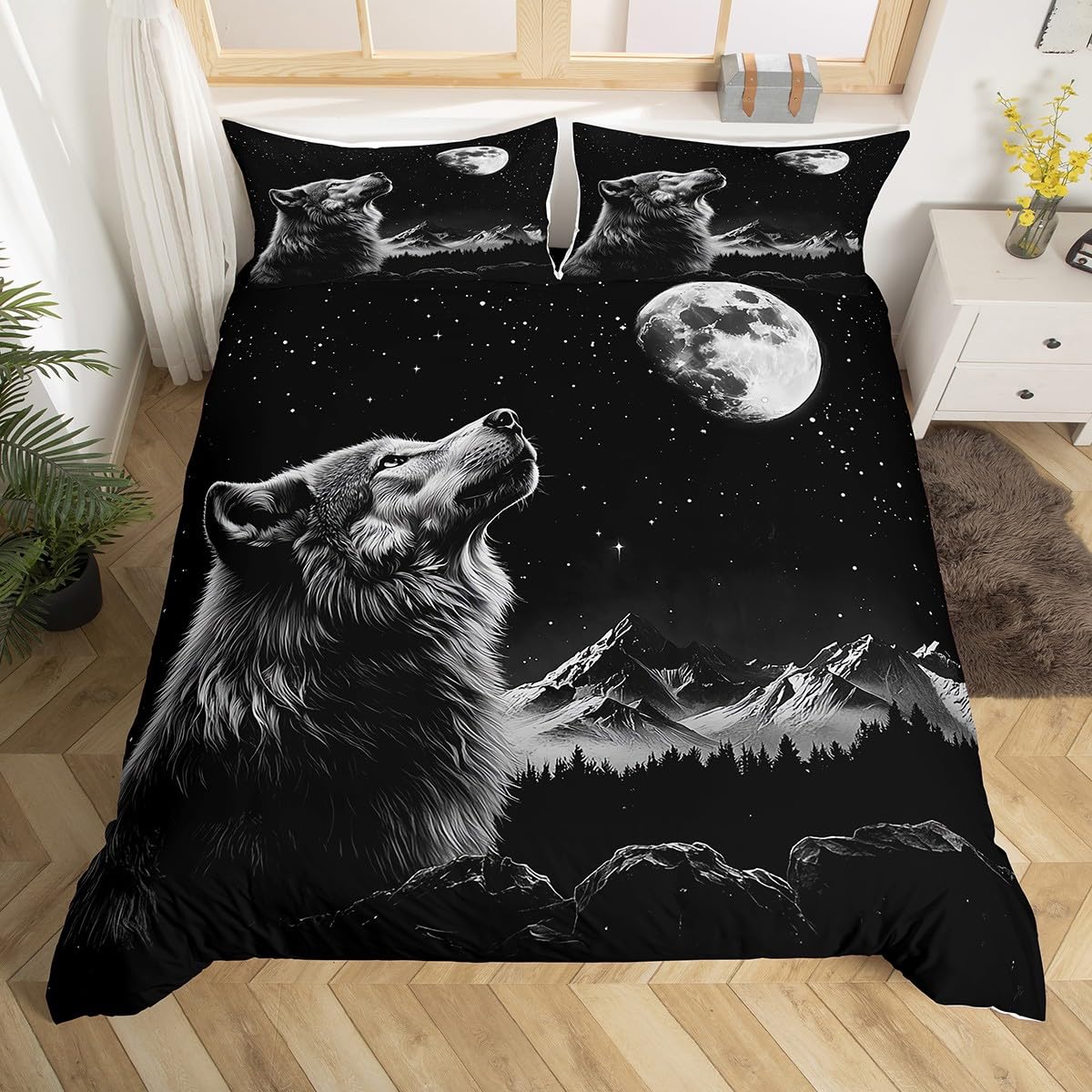 meiyoeat Wolf Bedding Set Toddle Size Mooon Comforter Cover Set for Boys Girls Teens Universe Cloud Galaxy Duvet Cover Star Print Bedspread Cover Room Decor Animal Quilt Cover,No Comforter