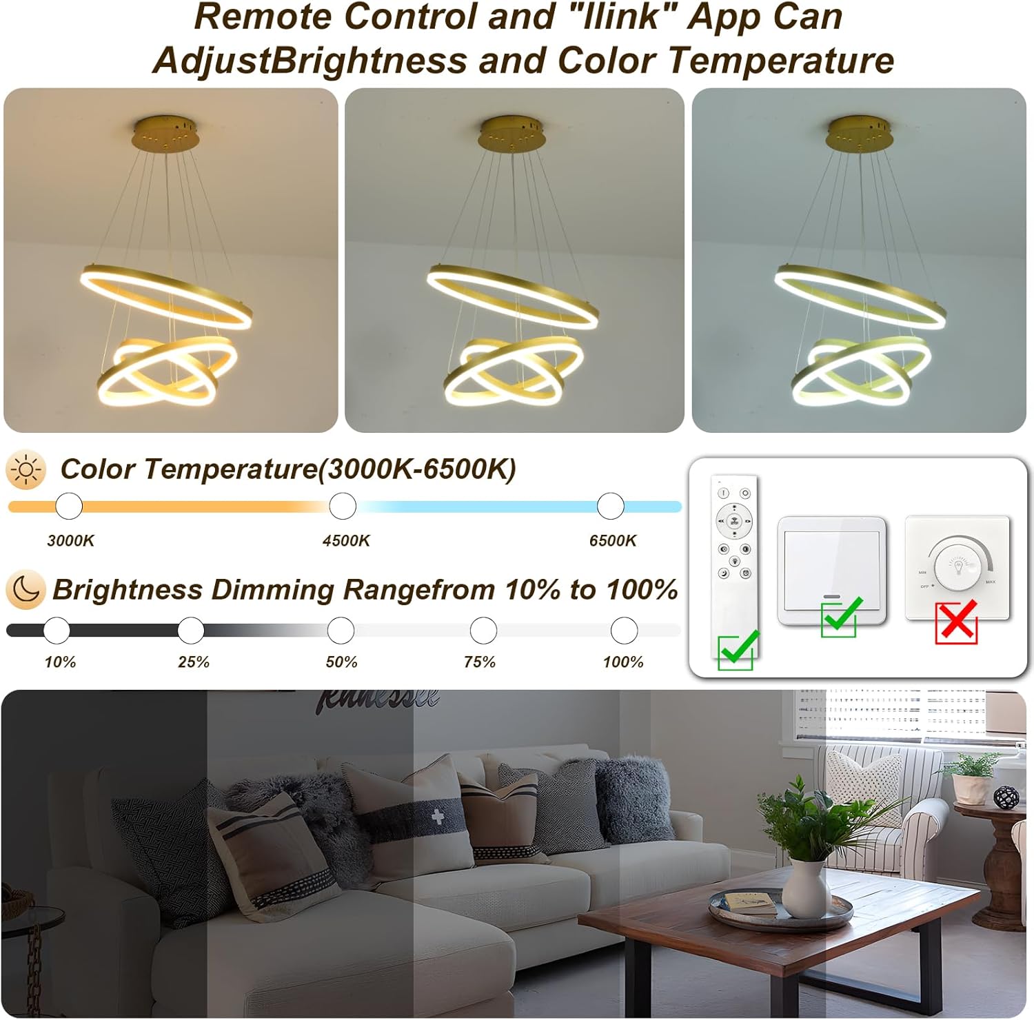 3-Ring Modern Gold LED Chandelier Dimmable Pendant Light with Remote Control Flush Mount High Ceiling Circle Light Fixture for Dining Bed Living Room Foyer 3000K-6500K