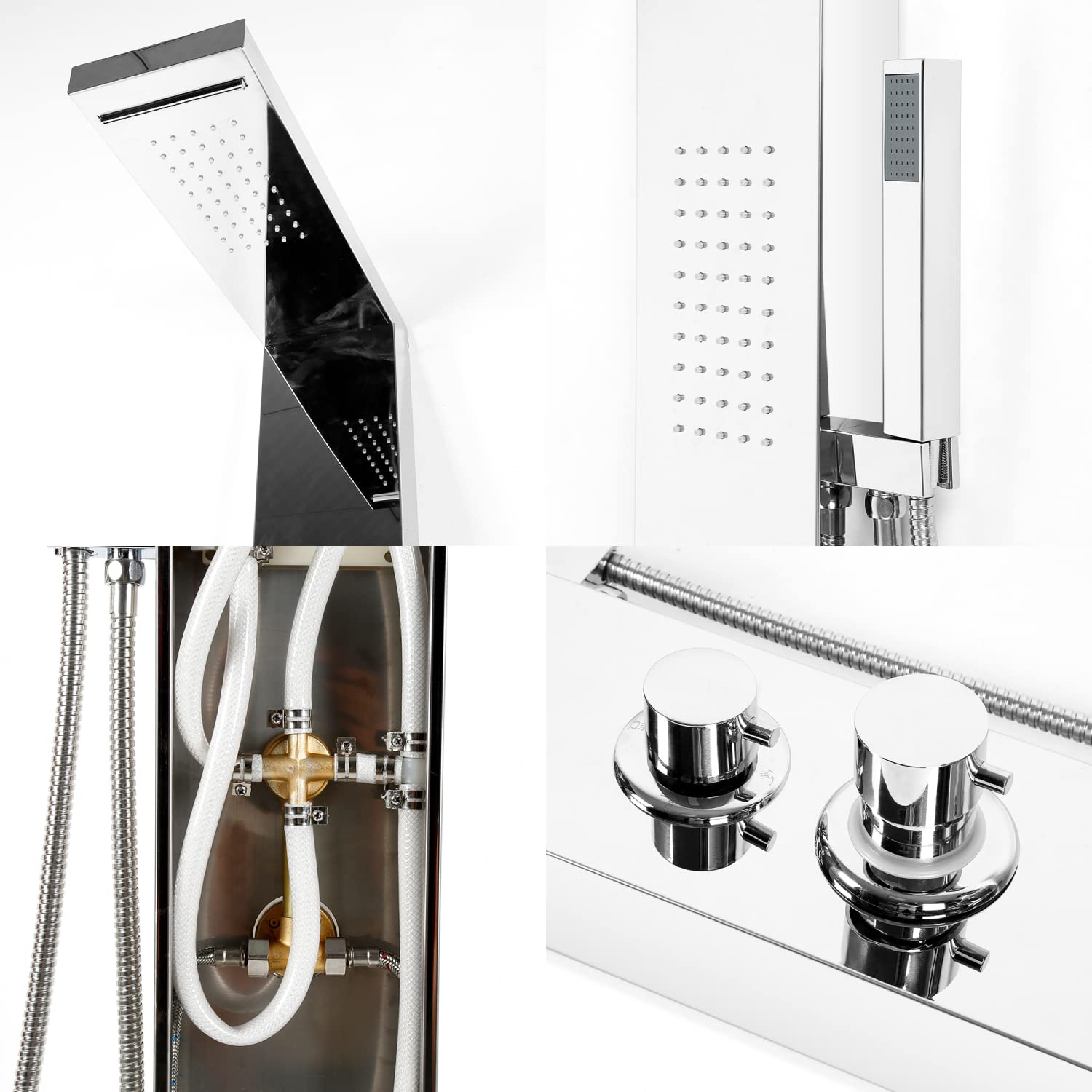 MINGYI Colonne de Douche Hydromassante, avec Douchette et Pommeau, 4 Modes de Douche, Connecteur DIN Standard 1/2'' (Miroir Argent, 15×130 cm)