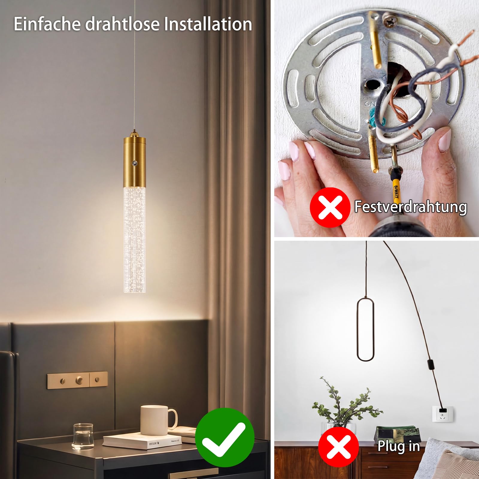 Akku Pendelleuchte Gold Kristall LED Hängelampe mit Batterie,7500mAh LED Hängeleuchte Touch Dimmbar 3 Farben,Höhenverstellbar, Zylinder Pendelleuchte Batteriebetriebene für Nachttisch Schlafzimmer
