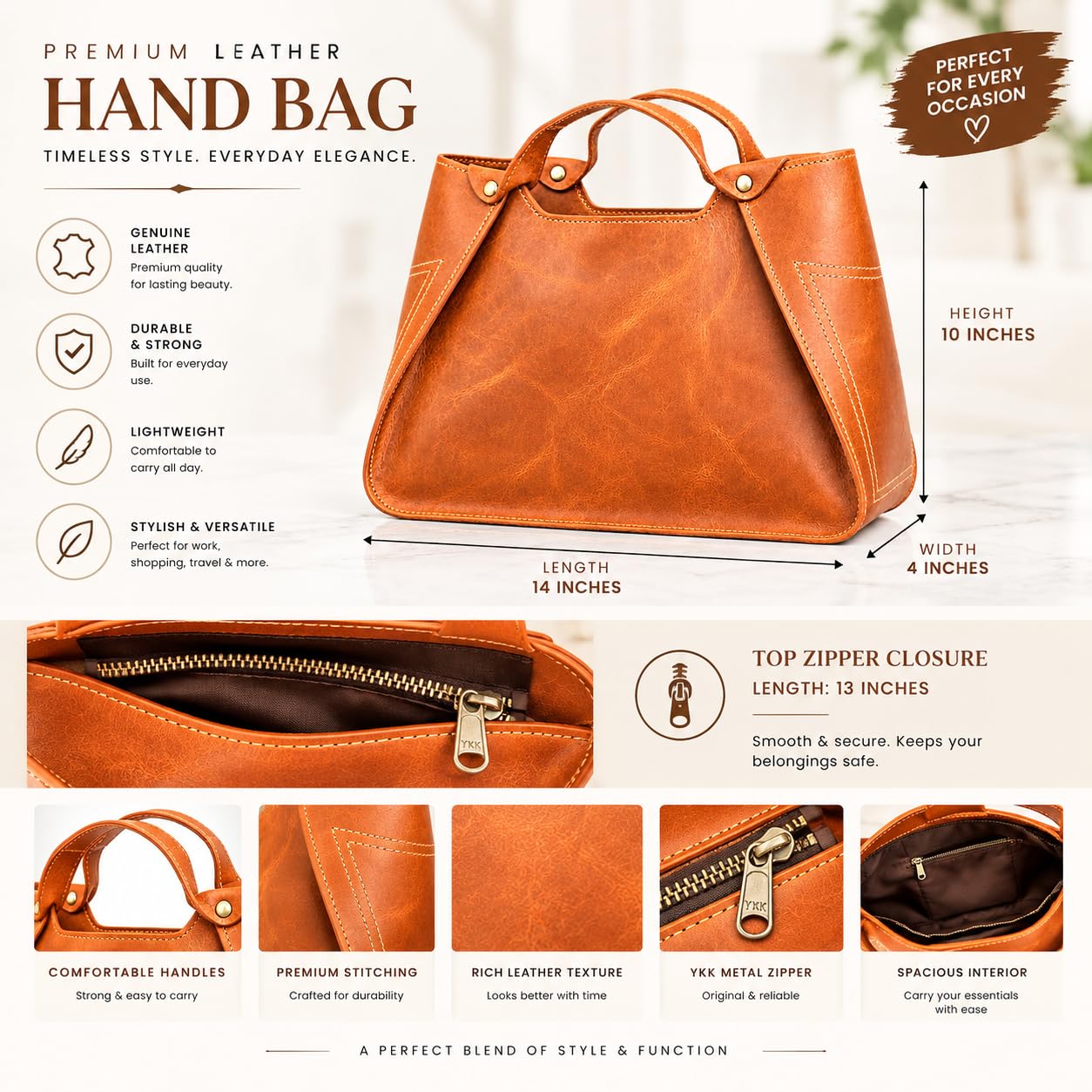 Sac fourre-tout en cuir pleine fleur véritable pour femme