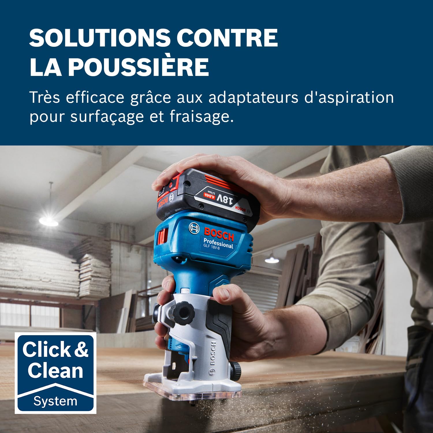 Bosch Professional 18V System Défonceuse portative GLF 18V-8 (butée longitud., adapt.aspiration surfaçage, adapt. aspiration fraisage, galet de guidage, pince 8 mm, clé, L-BOXX,sans batterie/chargeur)