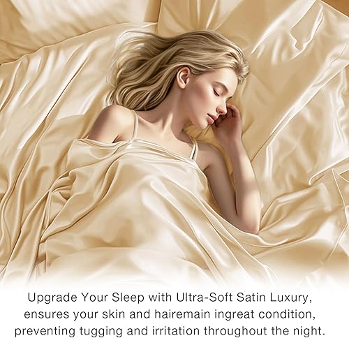 Miniatura 3 de HENGWEI - Juego de sábanas de satén tamaño matrimonial, juego de sábanas de 4 piezas transpirable y refrescante, juego de sábanas de seda tamaño