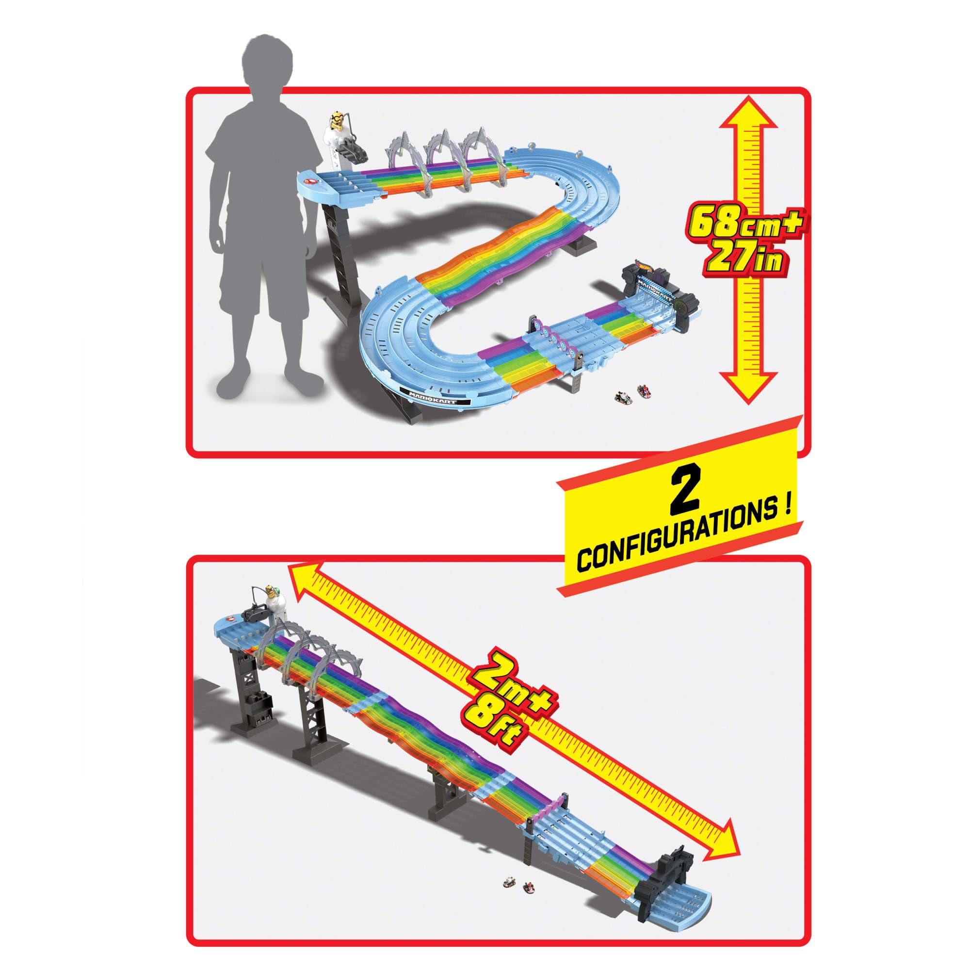 Hot Wheels Mario Kart Route Arc-en-Ciel Pistes de Course de 2,40m, 2 Mini-véhicules échelle 1:64 Inclus, Sons et lumières, Jouet pour Enfant, GXX41