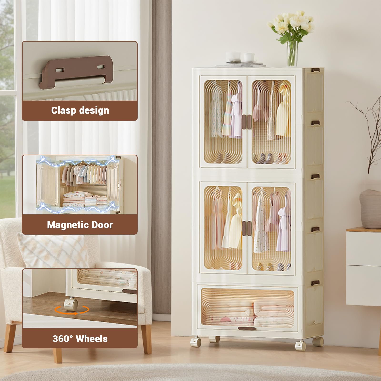 Armoire Pliante Portable, Commode Pliante en Plastique avec Tringle à vêtements, penderie à Double Porte, Armoire Multifonction Pliable avec roulettes (2 suspensions + 1 Rangement)