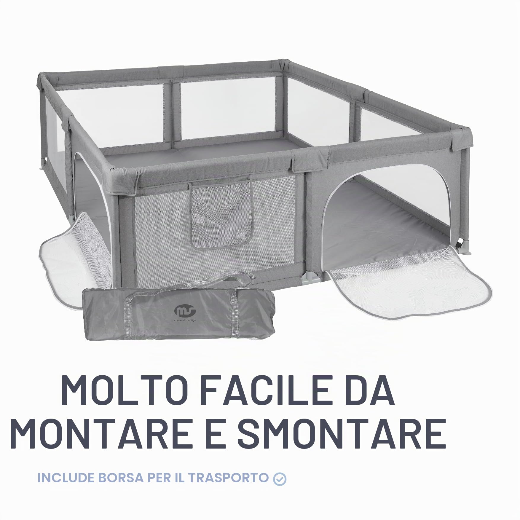 MS BabyWorld - Recinto per bambini XXL + Tappeto gioco per bambini 180 * 200 cm - Tappeto bifacciale, altamente imbottito (spessore 1,5 cm), Box molto grande e alto - pieghevole e con borsa trasporto