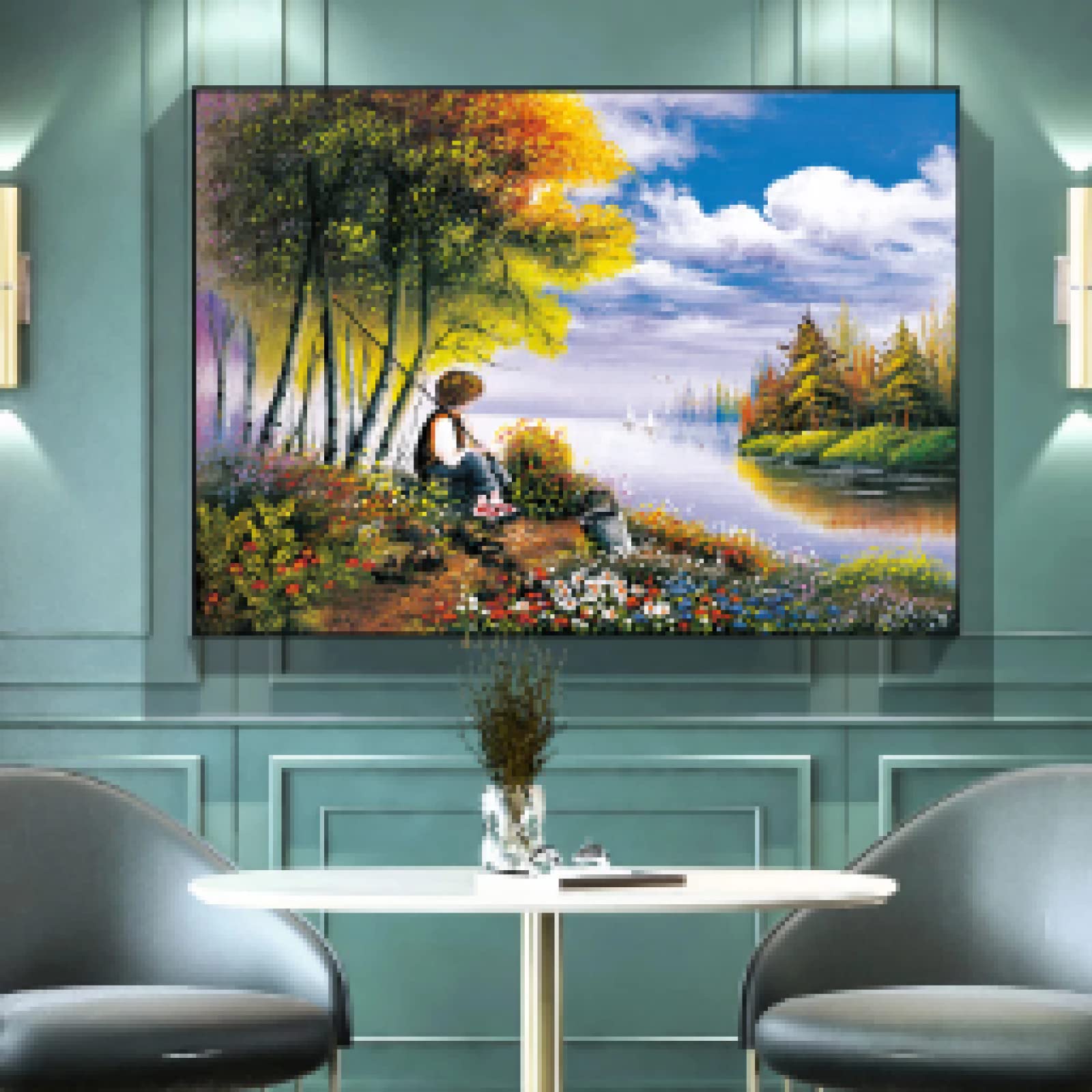Yooyu Little Boy Pesca Paisaje natural Pintura Lienzo Pintura Póster Impresión Arte de la pared Imagen para la habitación de los niños Decoración del hogar 40x65cm (16x26in) con marco
