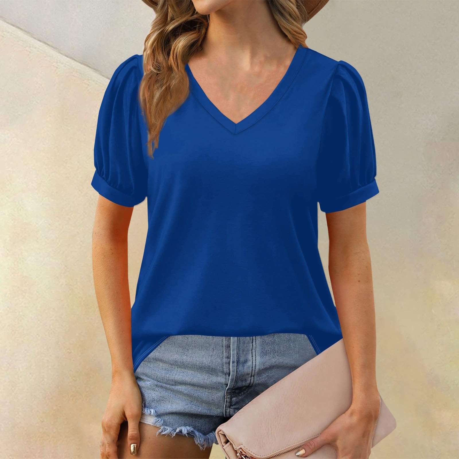 Womens Tops Loose fit Tunic Puff Short Sleeve V Neck T Shirts Lightweight Breathable Business Casual Dressy Blouses Womens Summer Tops Trendy Puff Sleeve Tops Cool Summer 2025 Womens Fashion