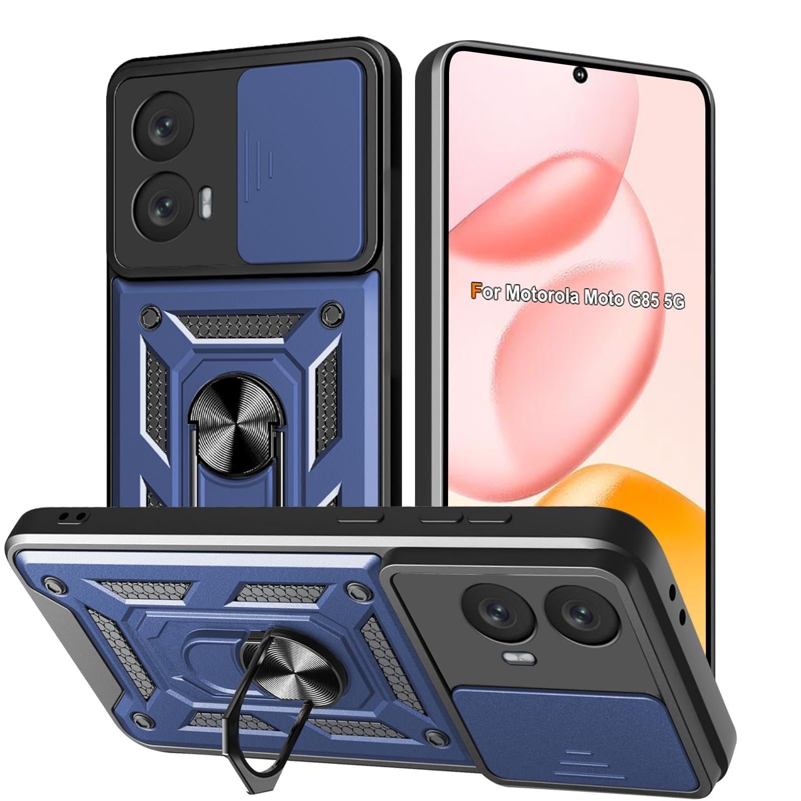 Cover per Moto G85 5G, Custodia per Moto G85 5G Antiurto Scorrevole Protezione Fotocamera Custodia con 360°Rotante Anello Supporto Cover, Blu