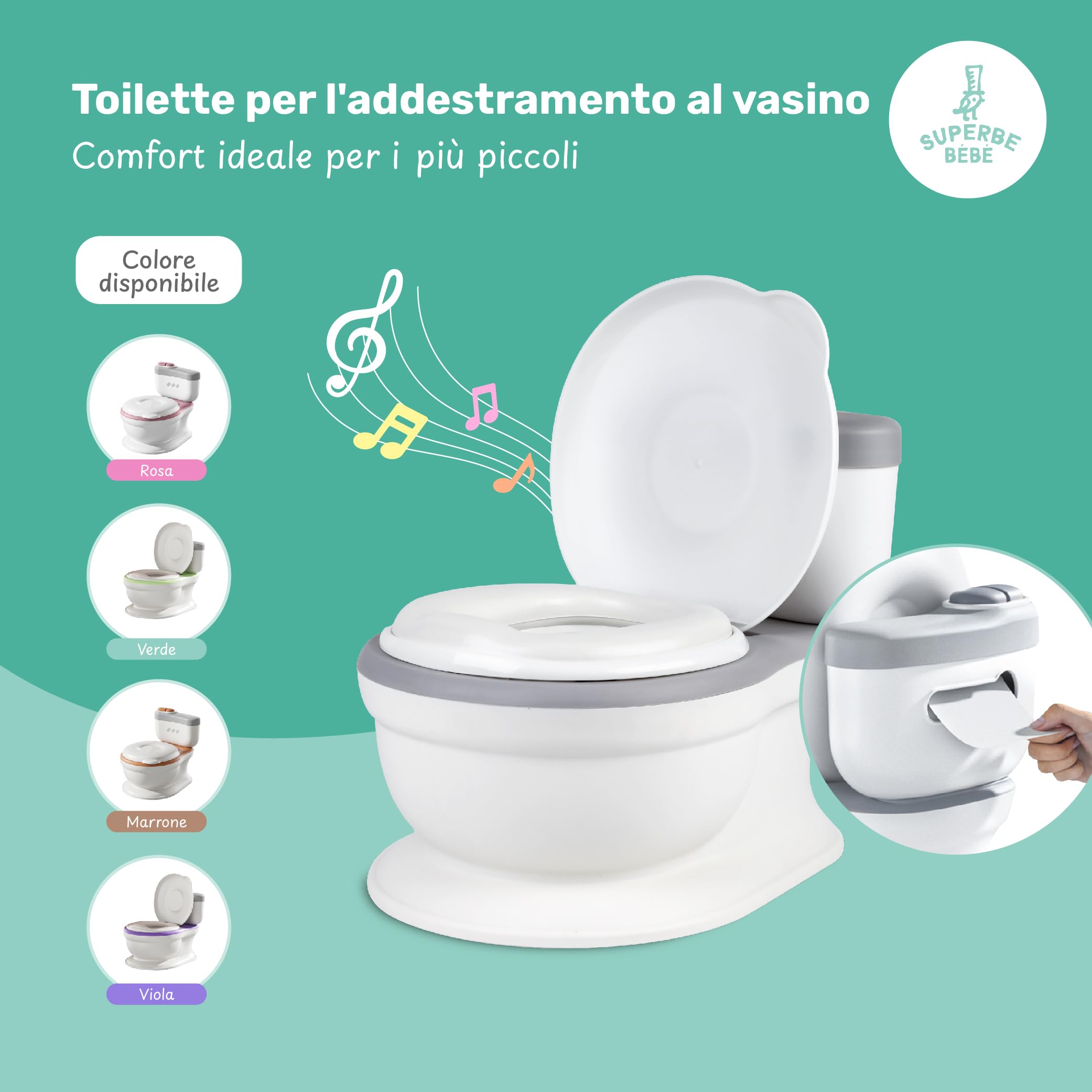 Wc dla dzieci z dźwiękiem spłukiwania i muzyką - Antypoślizgowy, wyjmowany pojemnik - Reduktor sedesowy