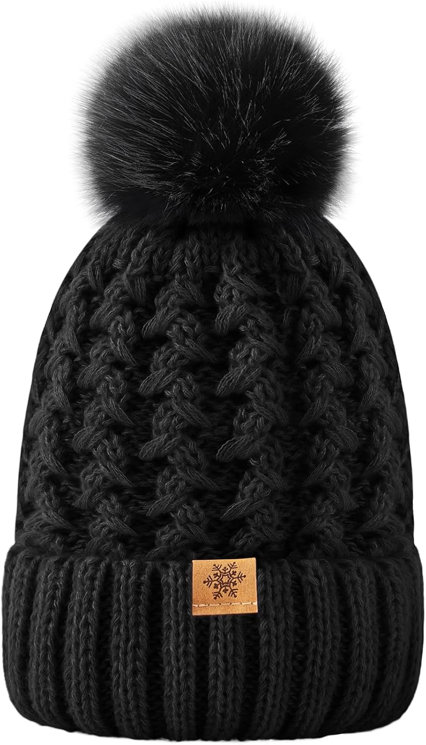 Trifabricy Womens Winter Hat Knit Crossed Cap Beanie Hats for Women Soft Warm Lined with Faxu Fur Pom Poms for Cold Weather