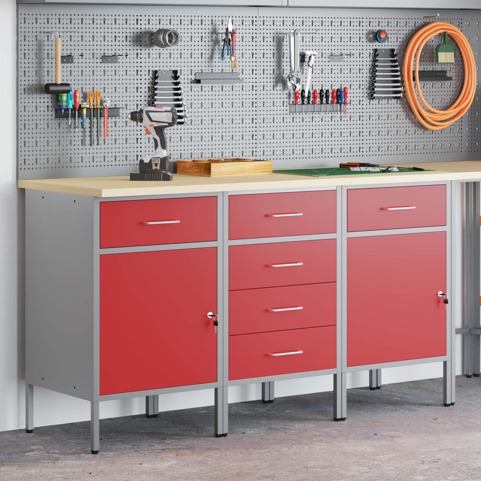 Banco da lavoro moderno con cassetti, 3 pezzi, rosso e grigio, 75 x 45 x 85 cm, in legno e acciaio, robusto banco da lavoro per officina, stile loft industriale, versatile