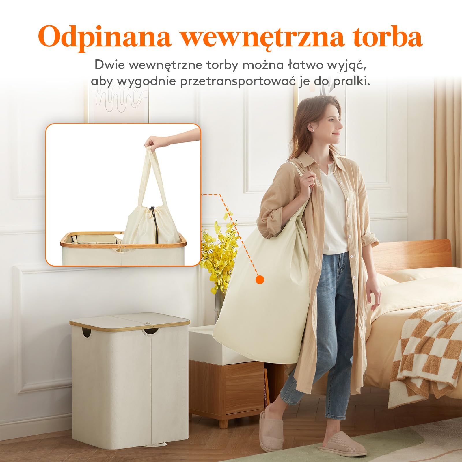 Lifewit 120L Kosz na Pranie z Pokrywą i Bambusowymi Uchwytami - Duży Składany z Wyjmowaną Torbą do Sypialni, Łazienki, Akademika, Pralni - Beżowy