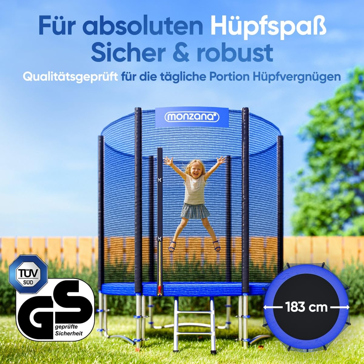 Monzana® Trampolin Ø 183/244/305/366/427 cm TÜV SÜD GS Zertifiziert Komplettset inkl. Sicherheitsnetz Leiter Randabdeckung Kindertrampolin Gartentrampolin
