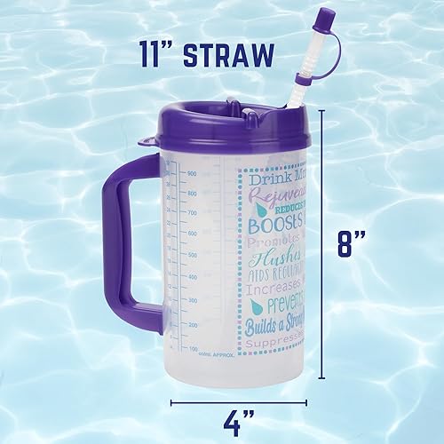 Miniatura 6 de Vaso de hospital con seguimiento de agua de bebida para medición diaria de ingesta con pajilla, taza de 32 onzas con tapa (morado)