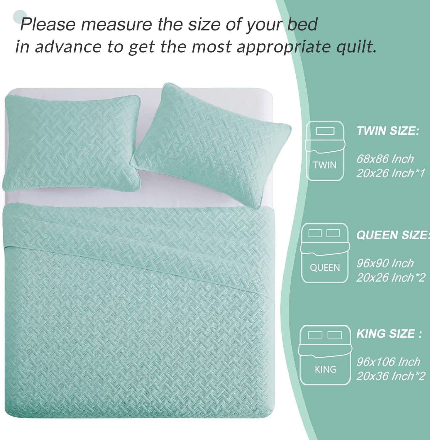 Exclusivo Mezcla Soft Quilt Set Queen Full Size, 3 Pieces Lightweight Quilts Aqua Bedspreads Coverlets Bedding Set for All Seasons, Weave Pattern - Image 5